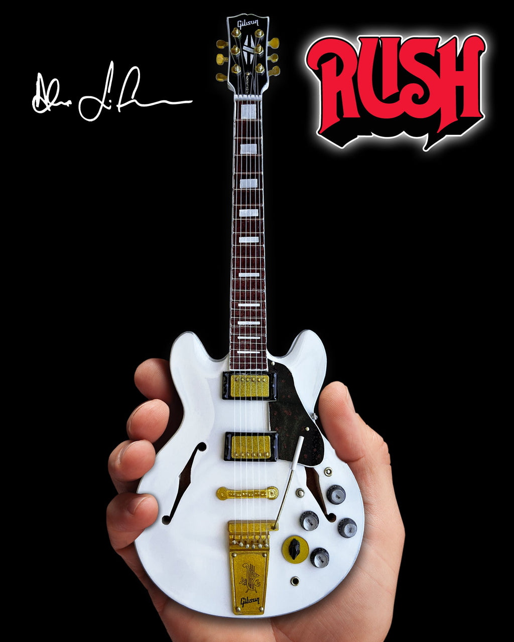 Modelo de guitarra miniatura Gibson Alpine White ES-355 de Alex Lifeson Signature 