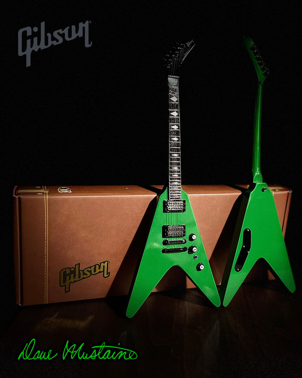 DAVE MUSTAINE - GIBSON FLYING V EXP RUST IN PEACE ALIEN TECH GREEN MINI GUITAR