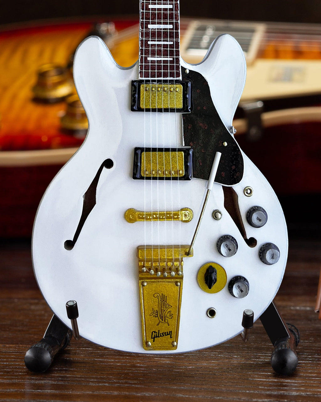 Modelo de guitarra miniatura Gibson Alpine White ES-355 de Alex Lifeson Signature 