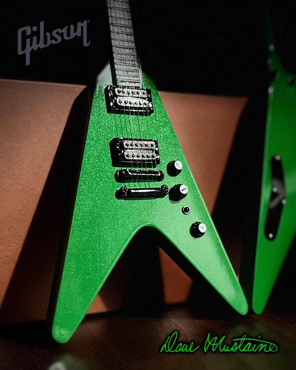 DAVE MUSTAINE - GIBSON FLYING V EXP RUST IN PEACE ALIEN TECH GREEN MINI GUITAR
