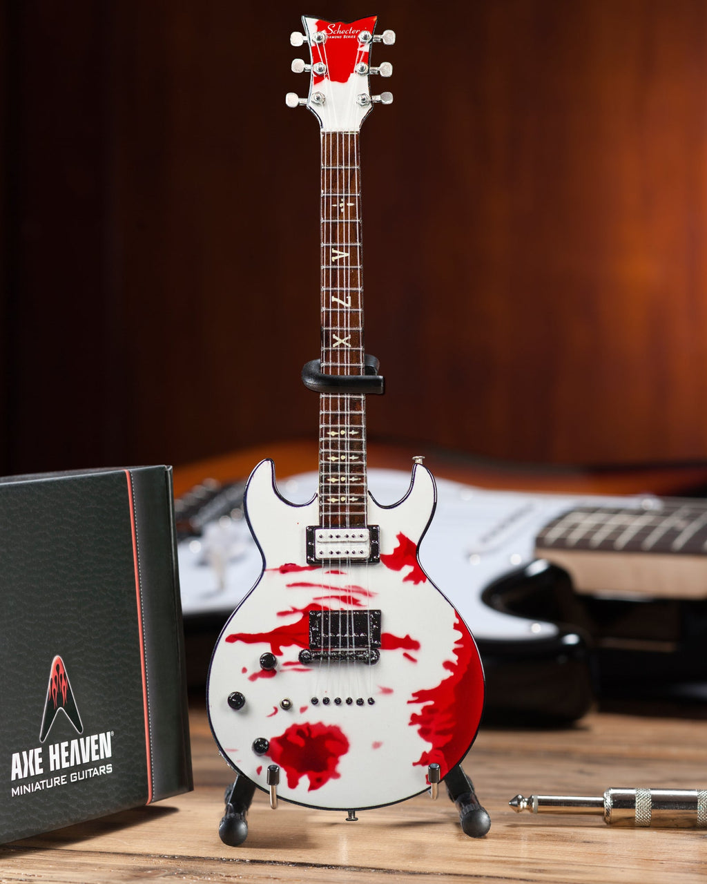 Réplica de mini guitarra Schecter de Zacky Vengeance Blood Splat con licencia oficial - Avenged Sevenfold