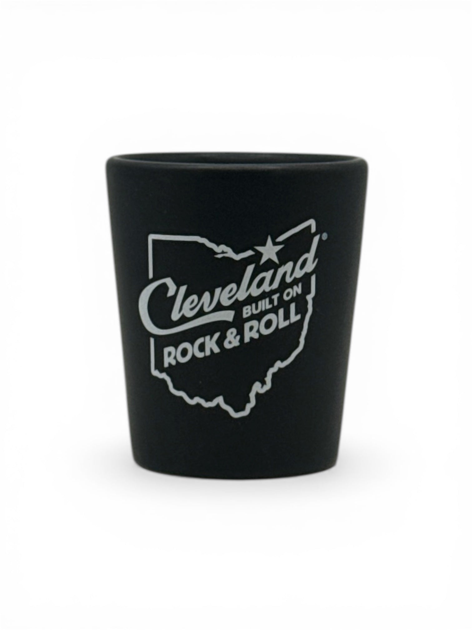 ROCK HALL CLE BUILT ON ROCK AND ROLL BLACK SHOT GLASS