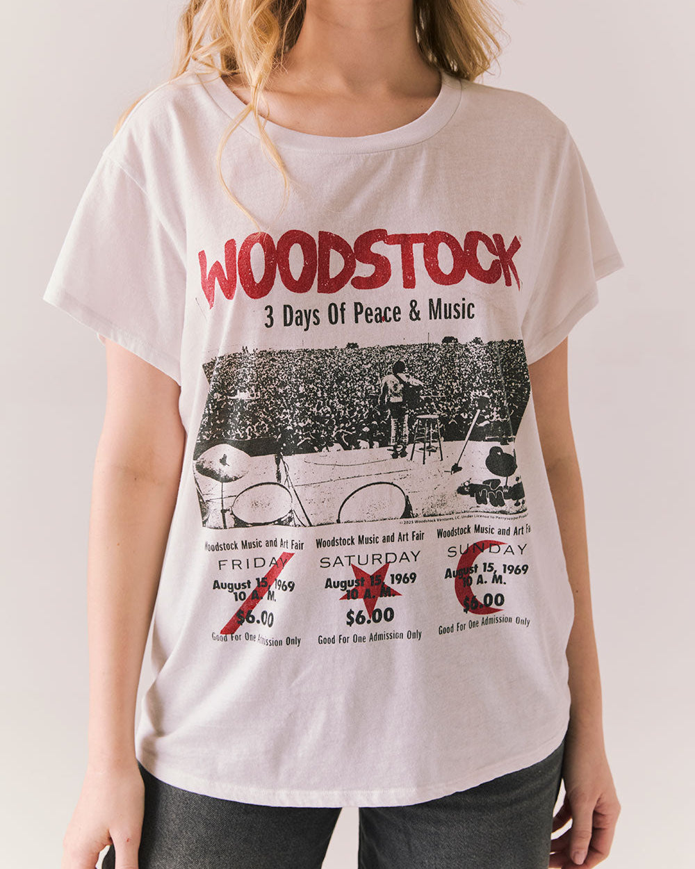 WOODSTOCK PEACE AND MUSIC TICKET CROPPED TEE