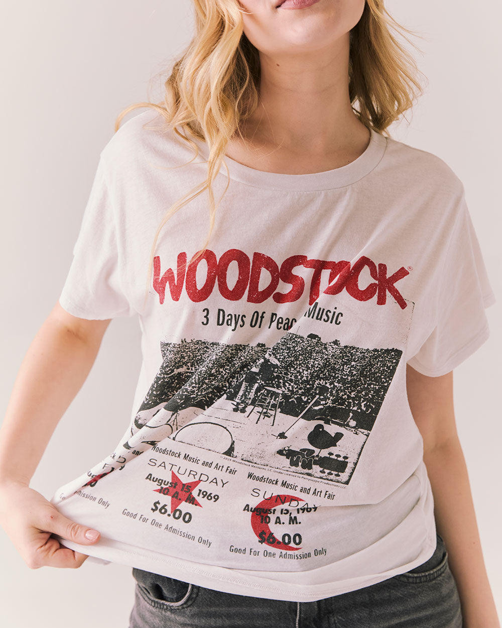 WOODSTOCK PEACE AND MUSIC TICKET CROPPED TEE