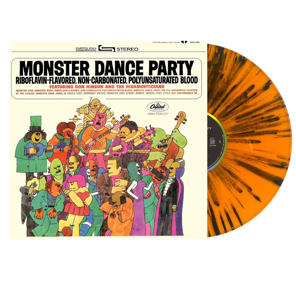 DON HINSON AND THE RIGORMORTICIANS - MONSTER DANCE PARTY - ORANGE & BLACK SPLATTER COLOR  - VINYL LP