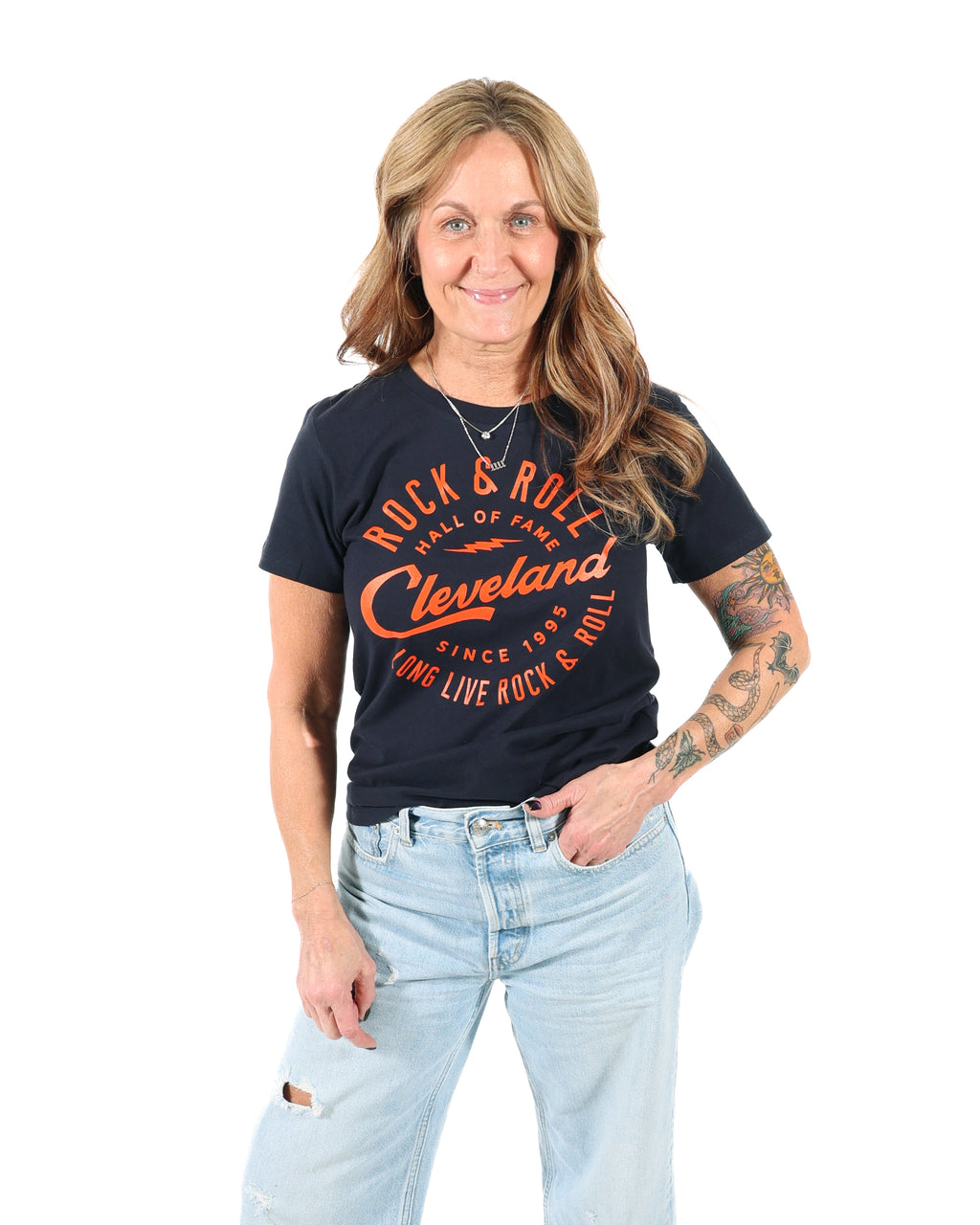 ROCK HALL CLEVELAND SCRIPT NAVY FITTED T-SHIRT