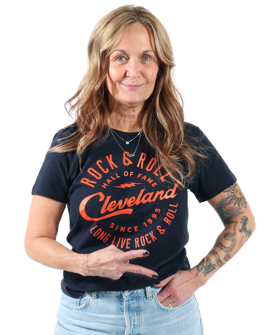 ROCK HALL CLEVELAND SCRIPT NAVY FITTED T-SHIRT