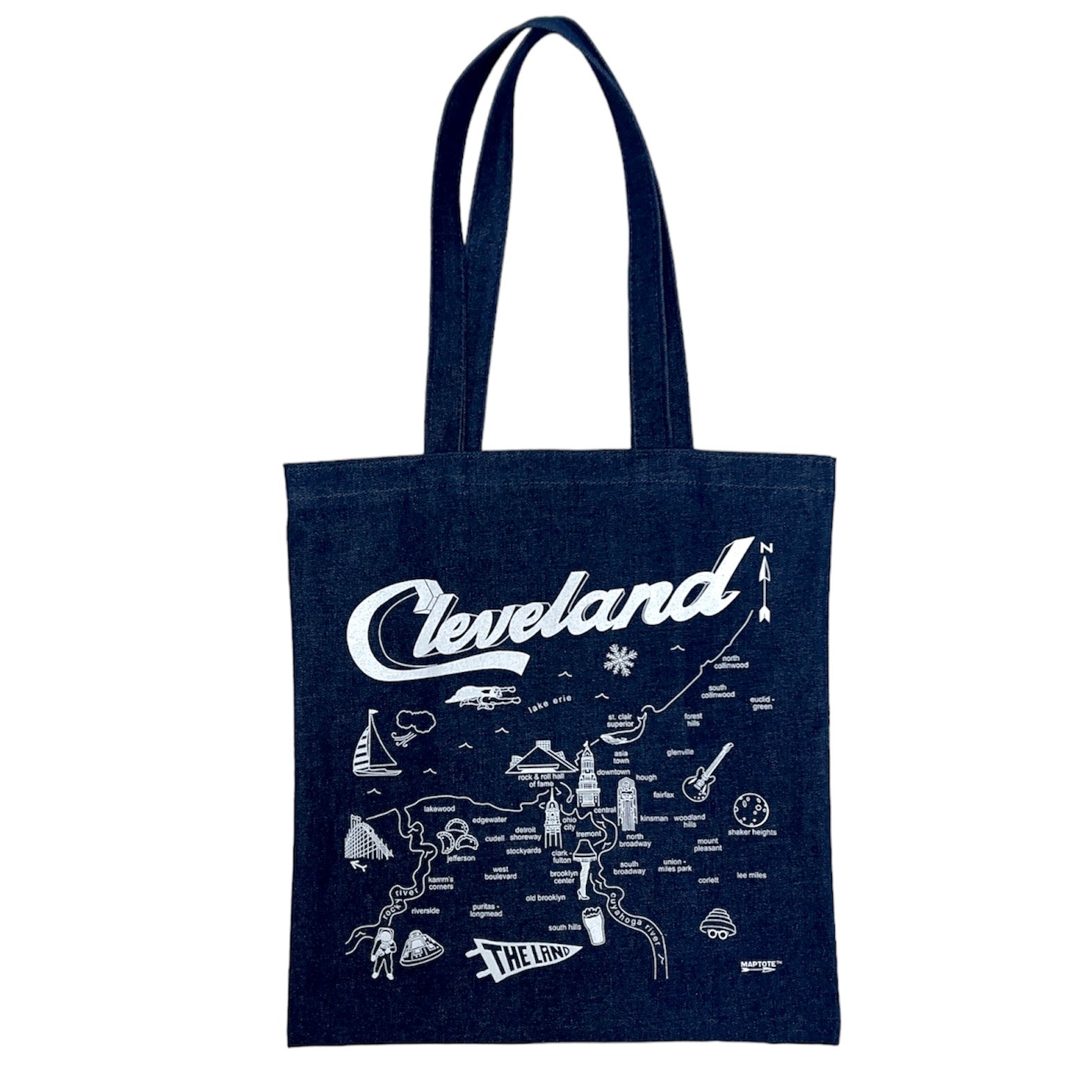 TOTE DE DENIM CON MAPA DE LA CIUDAD DE ROCK HALL CLEVELAND