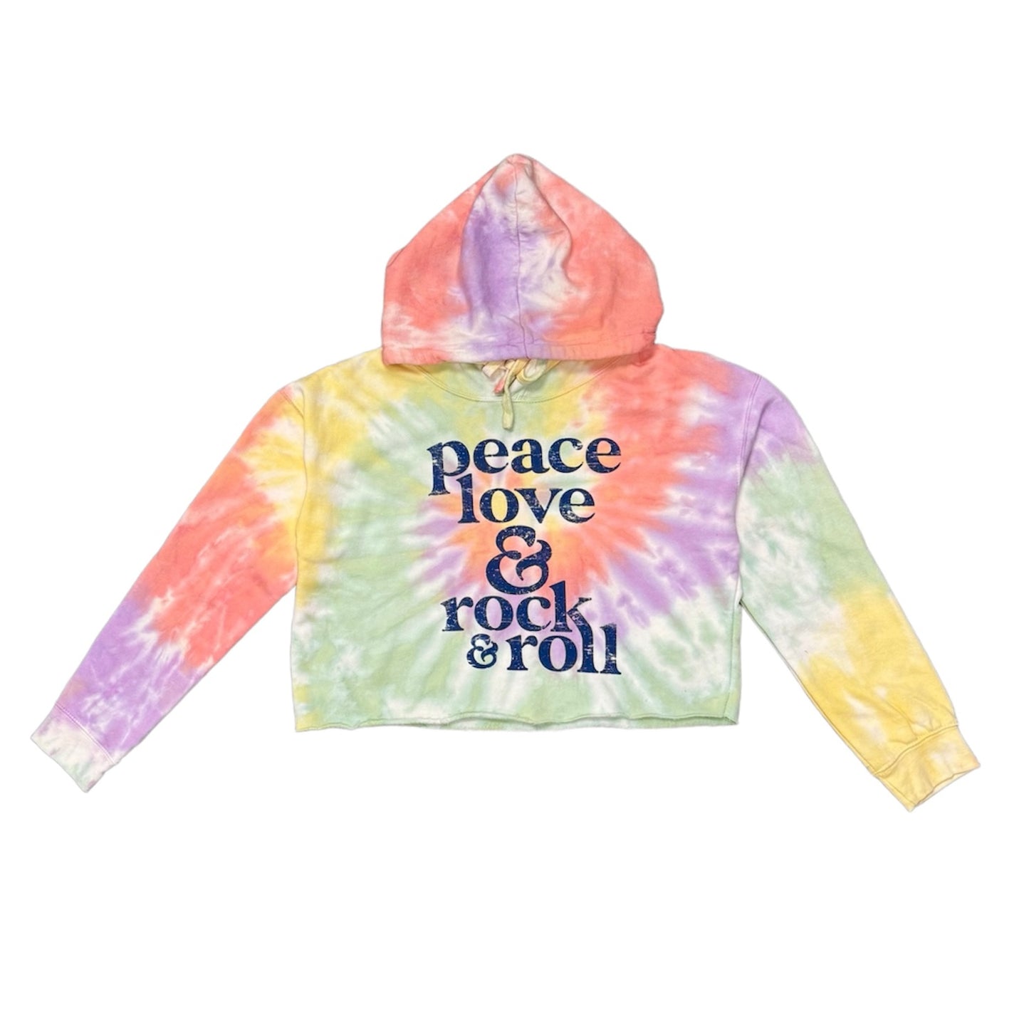 ROCK HALL PEACE LOVE AND ROCK AND ROLL TIE DYE CROP HOODIE