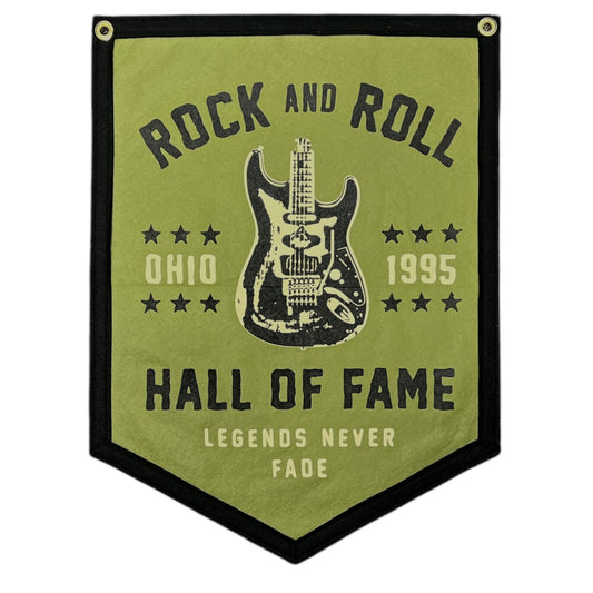 BANDERA DEL CAMPAMENTO DE GUITARRA DE LAS LEYENDAS DEL ROCK HALL NEVER DIE