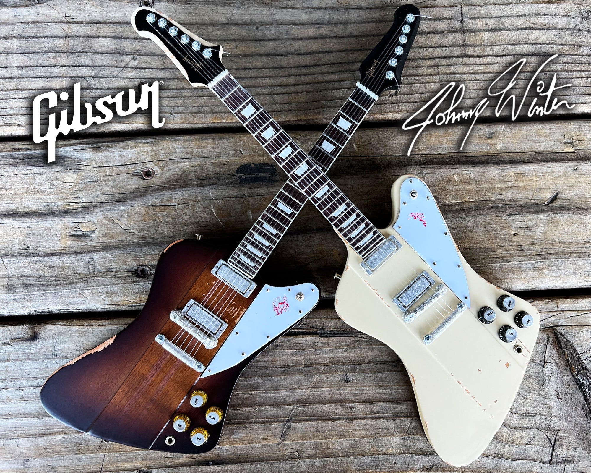 JOHNNY WINTER - POLARIS AND SUNBURST GIBSON FIREBIRD - SET OF 2 MINI GUITARS