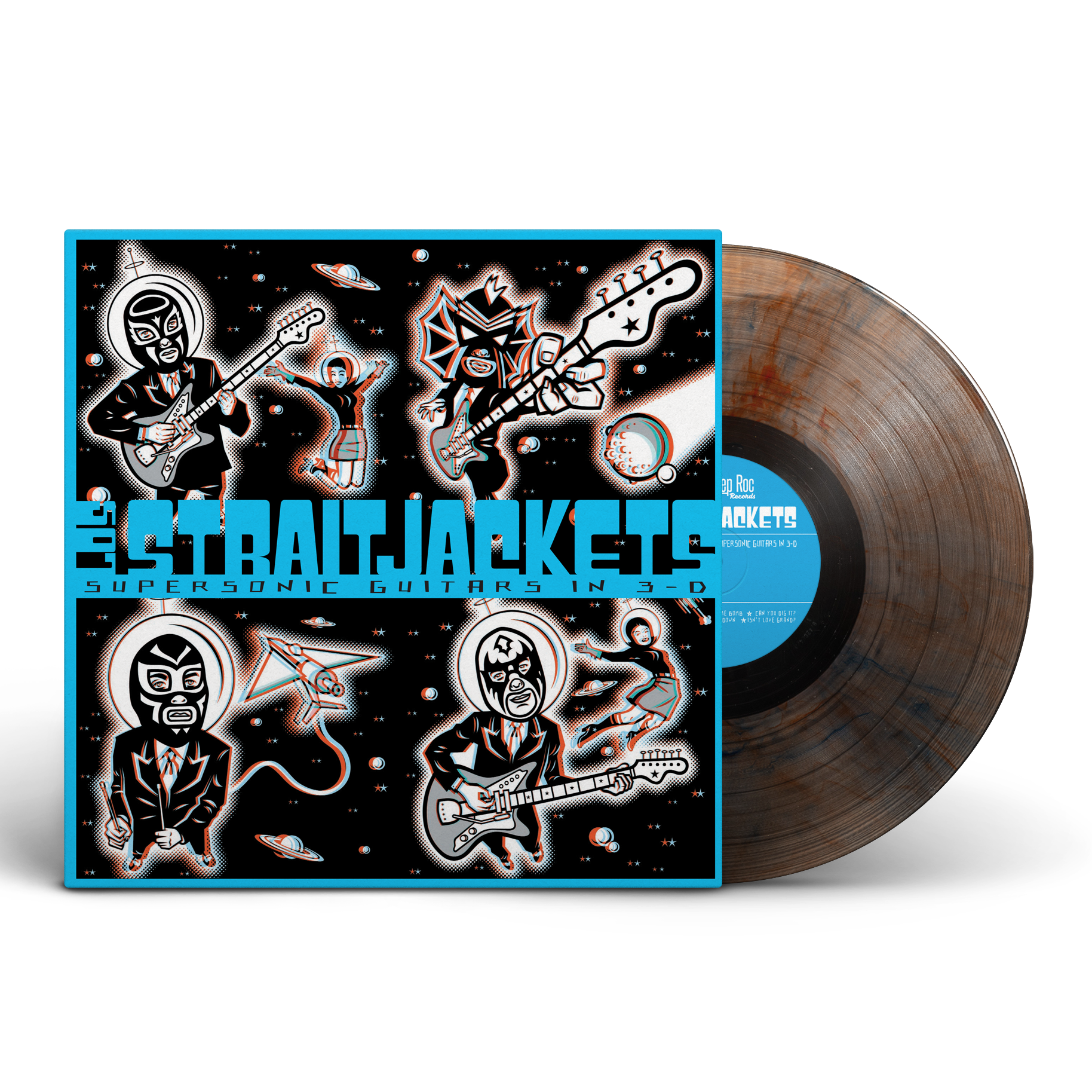 LOS STRAITJACKETS - SUPERSONIC GUITARS IN 3-D - LIMITED EDITION - CLEAR W/ RED & BLUE SWIRL COLOR - VINYL LP