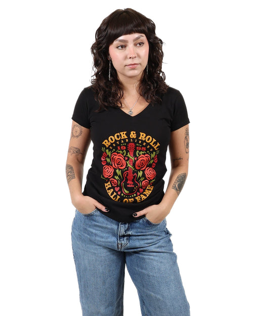 ROCK HALL GUITAR AND ROSES FITTED V-NECK T-SHIRT