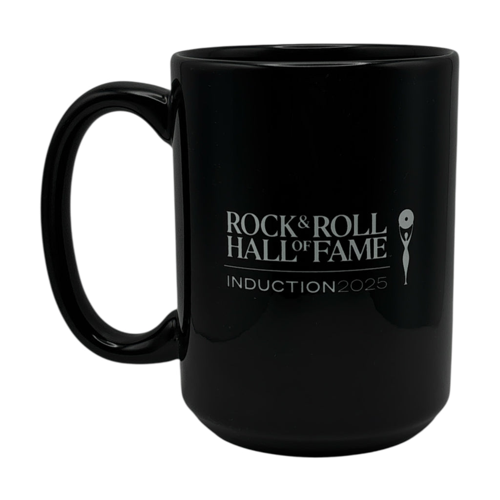 Black mug with Rock & Roll Hall of Fame induction 2025 logo