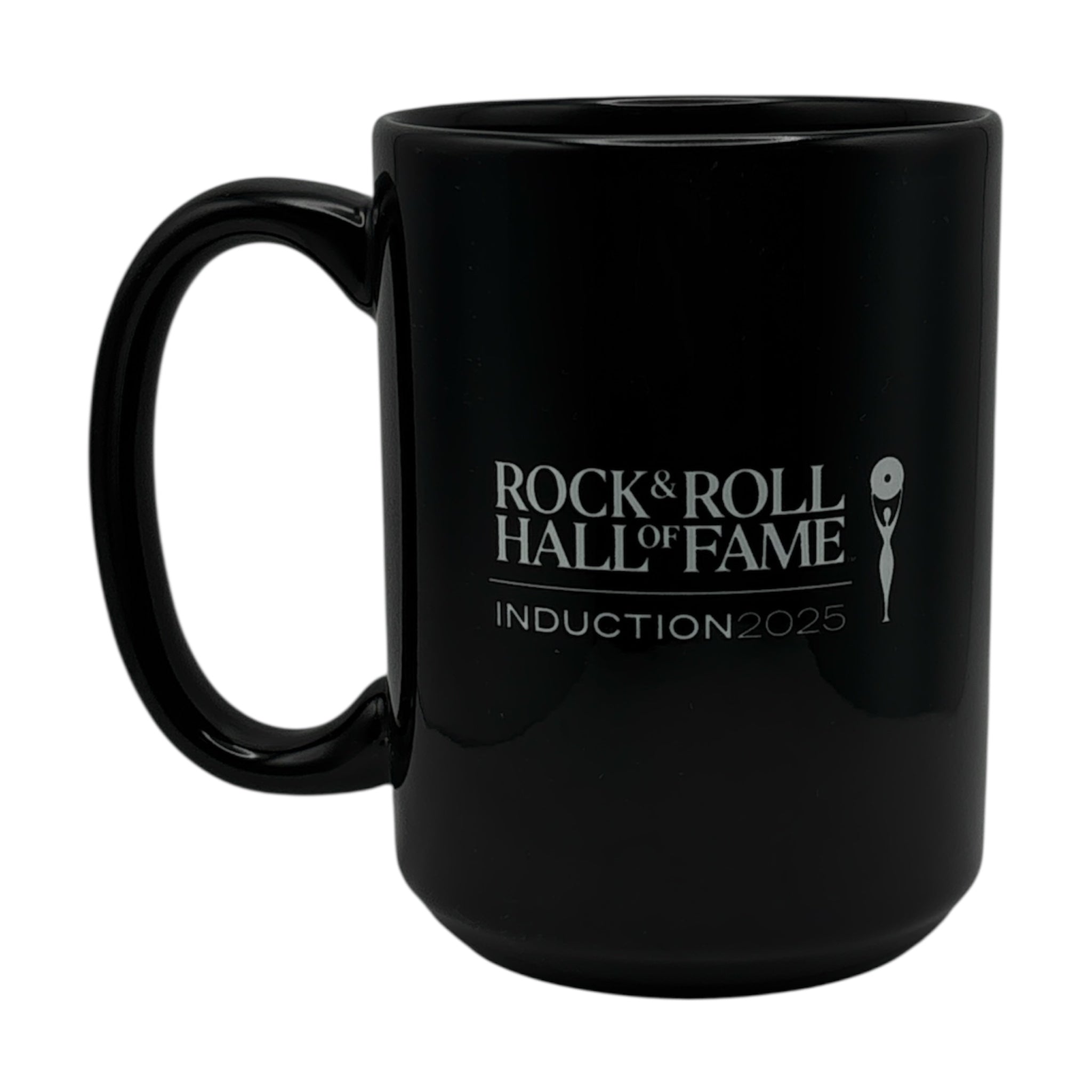 Black mug with Rock & Roll Hall of Fame induction 2025 logo
