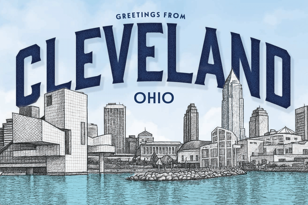 ROCK HALL ILLUSTRATIVE GREETINGS FROM CLEVELAND POSTCARD