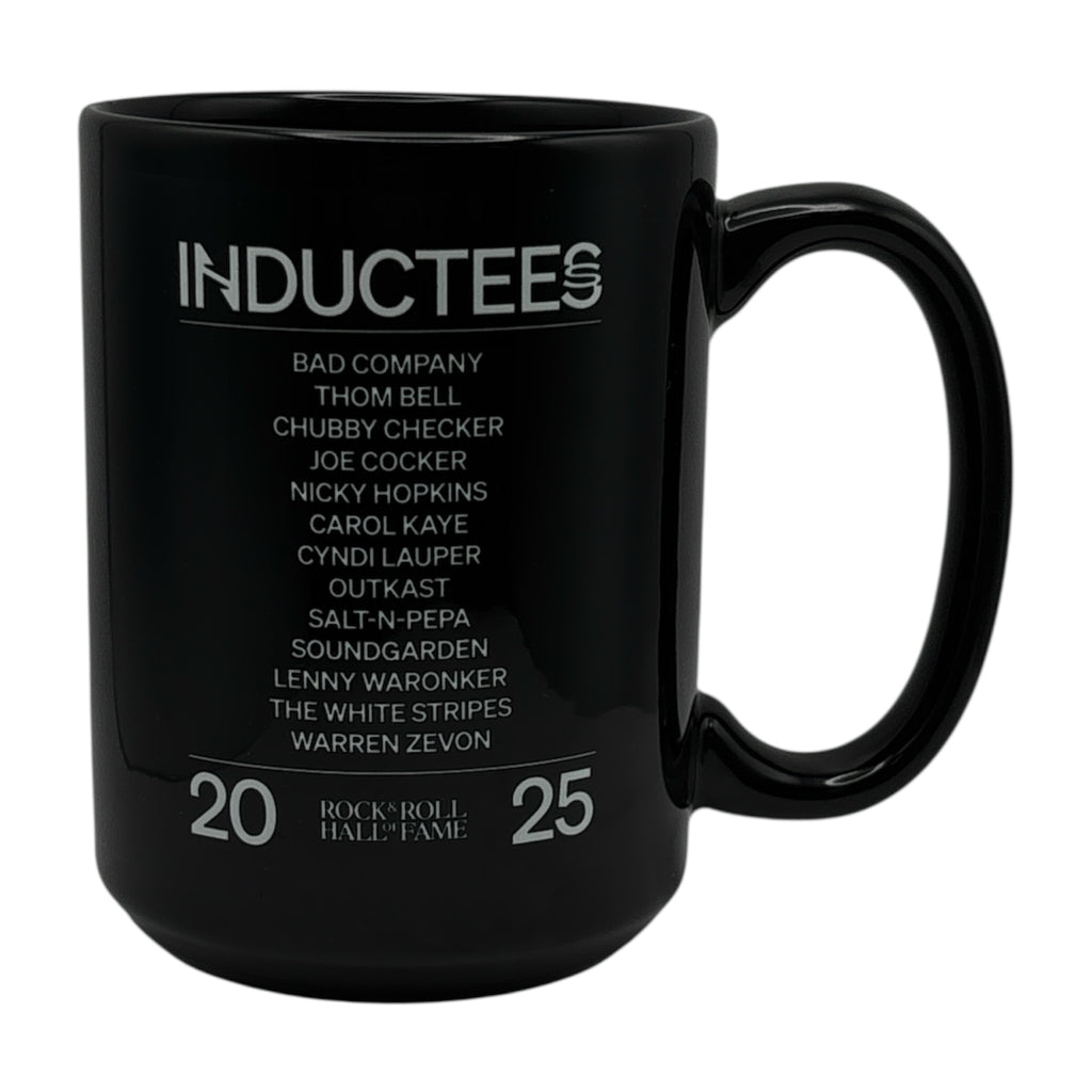Black mug with 'Inductees' text and names on a white background