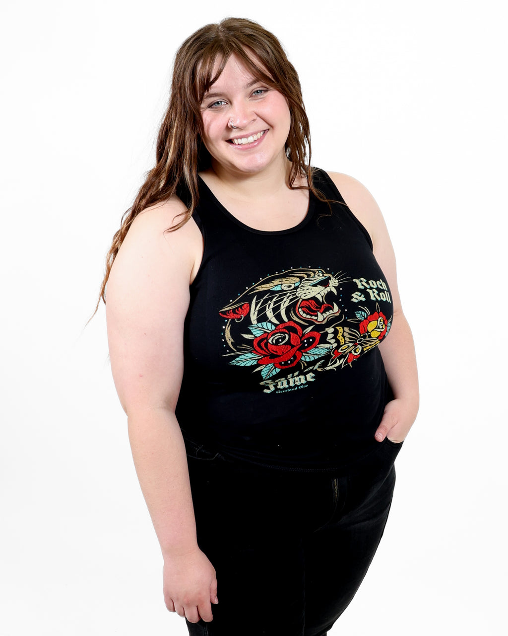 ROCK HALL TATTOO AND RHINESTONE FITTED TANK TOP
