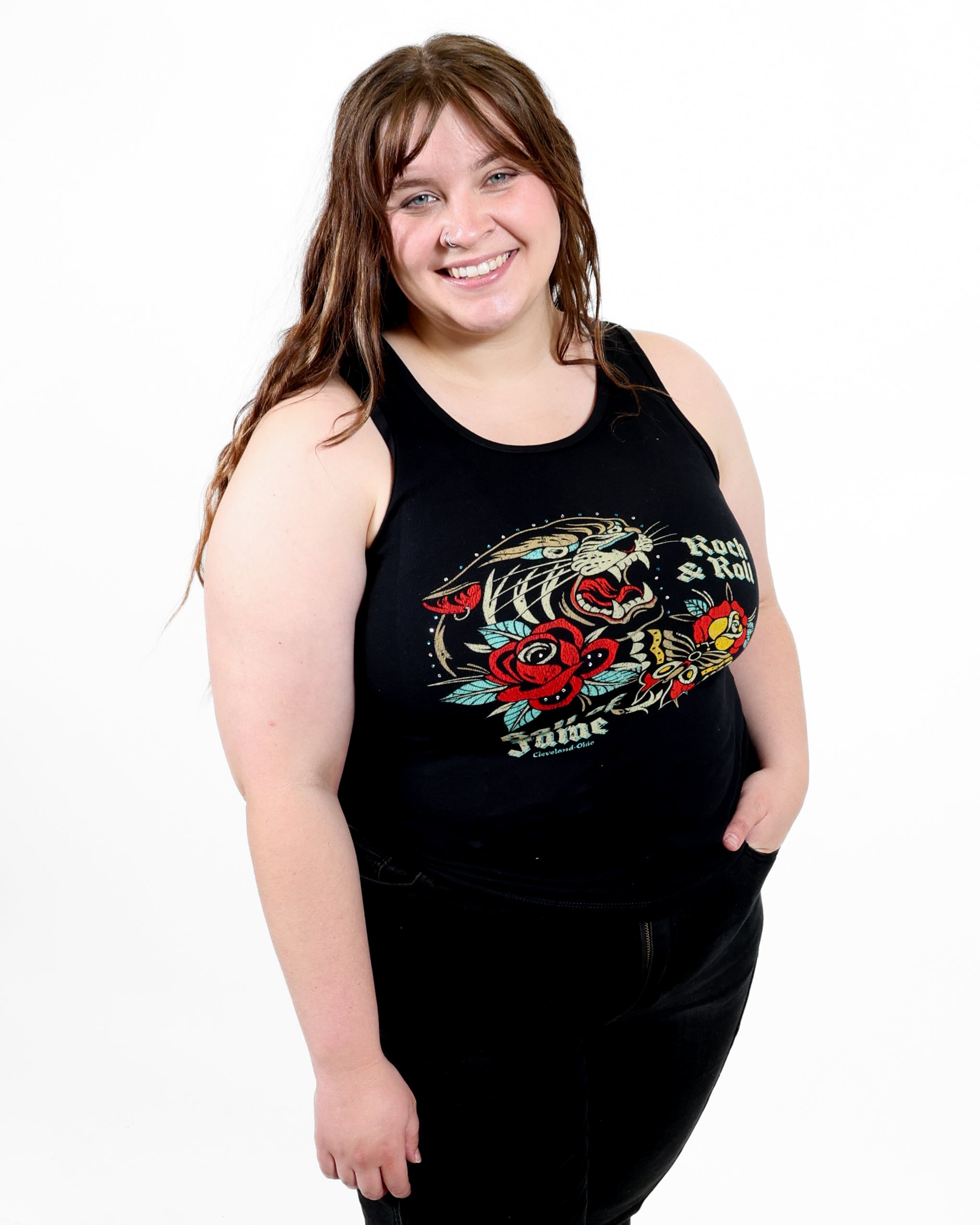ROCK HALL TATTOO AND RHINESTONE FITTED TANK TOP
