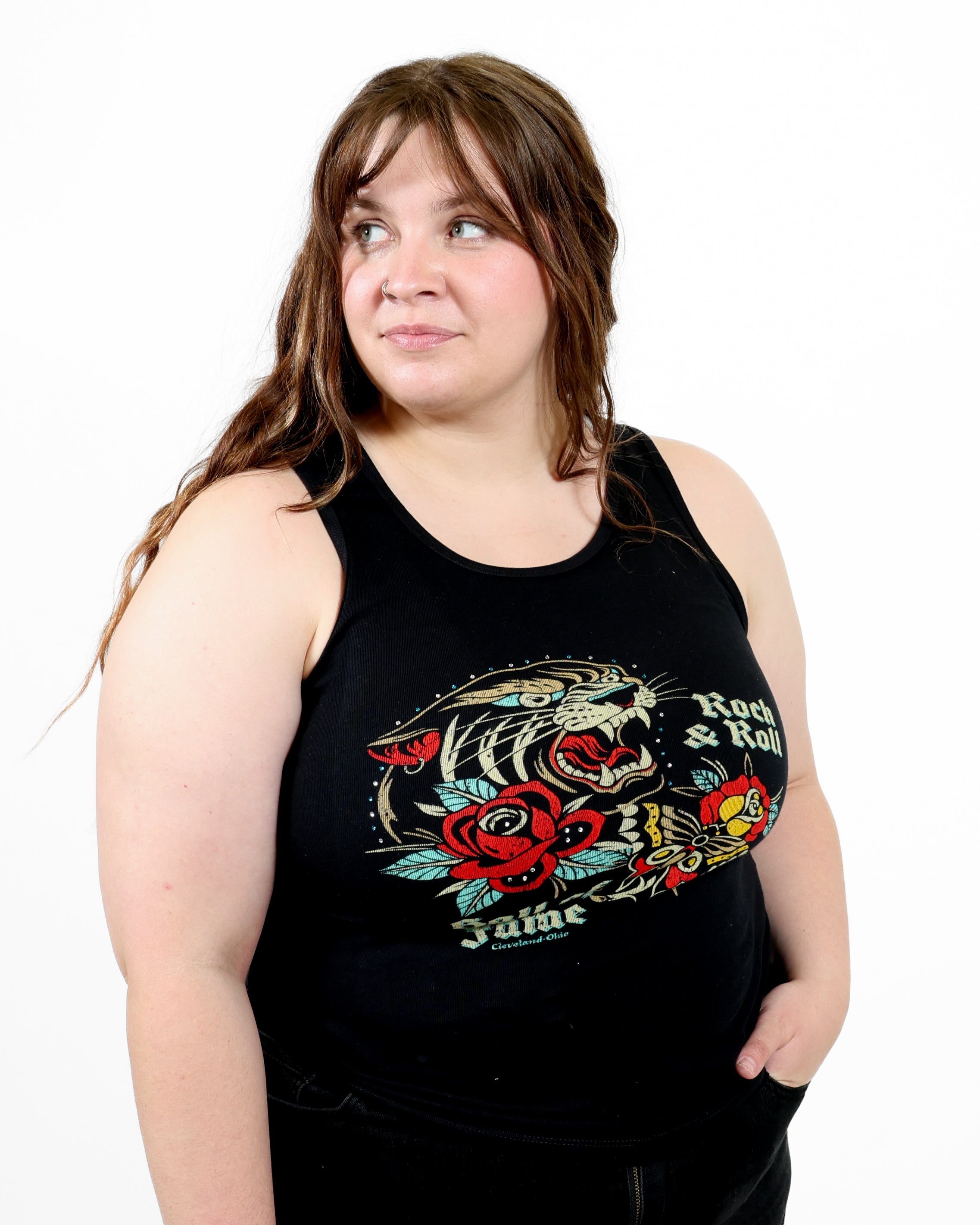 ROCK HALL TATTOO AND RHINESTONE FITTED TANK TOP