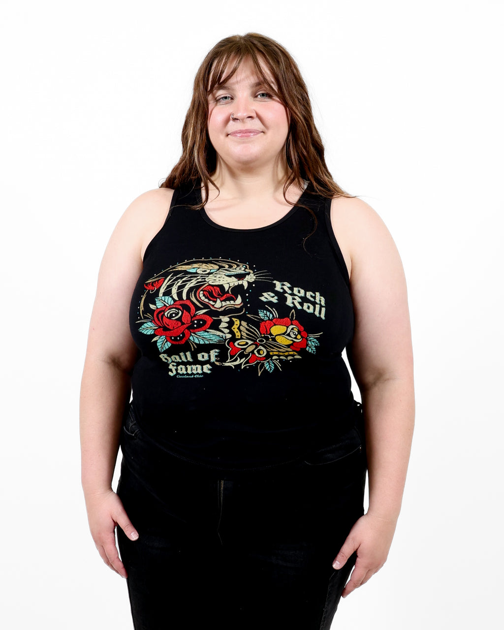 ROCK HALL TATTOO AND RHINESTONE FITTED TANK TOP