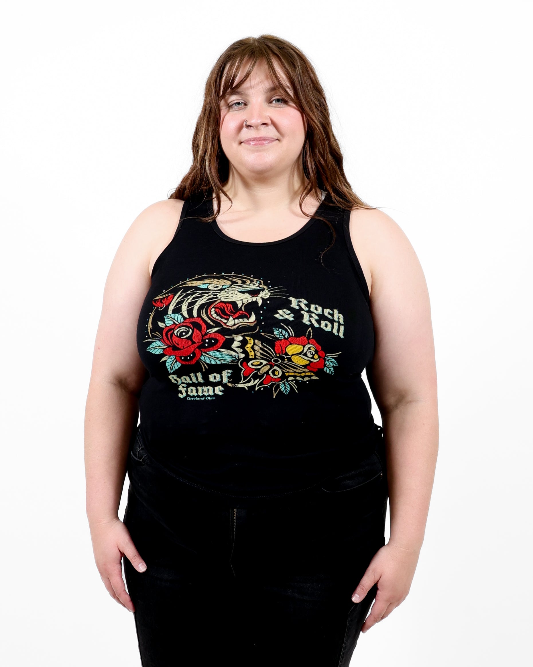 ROCK HALL TATTOO AND RHINESTONE FITTED TANK TOP