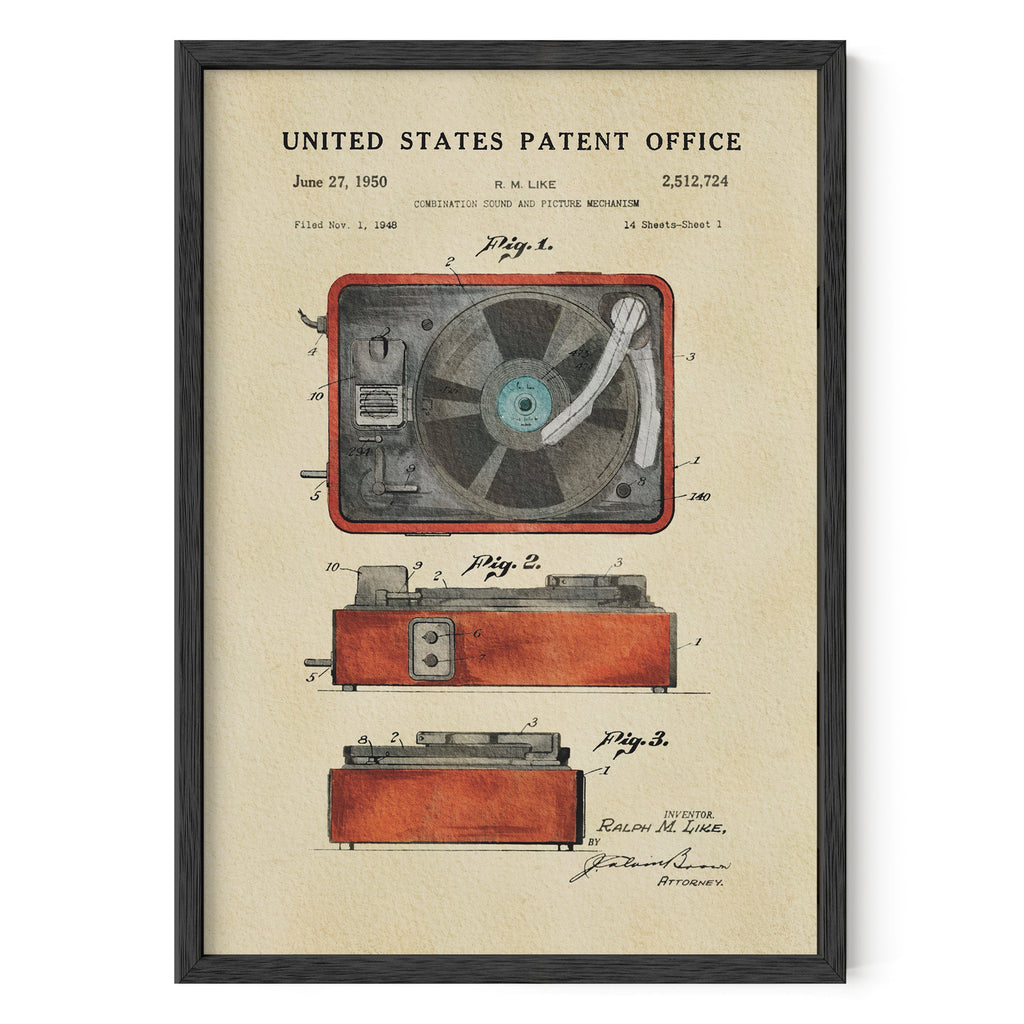 TIMELESS PATENTS - RED RECORD PLAYER PRINT
