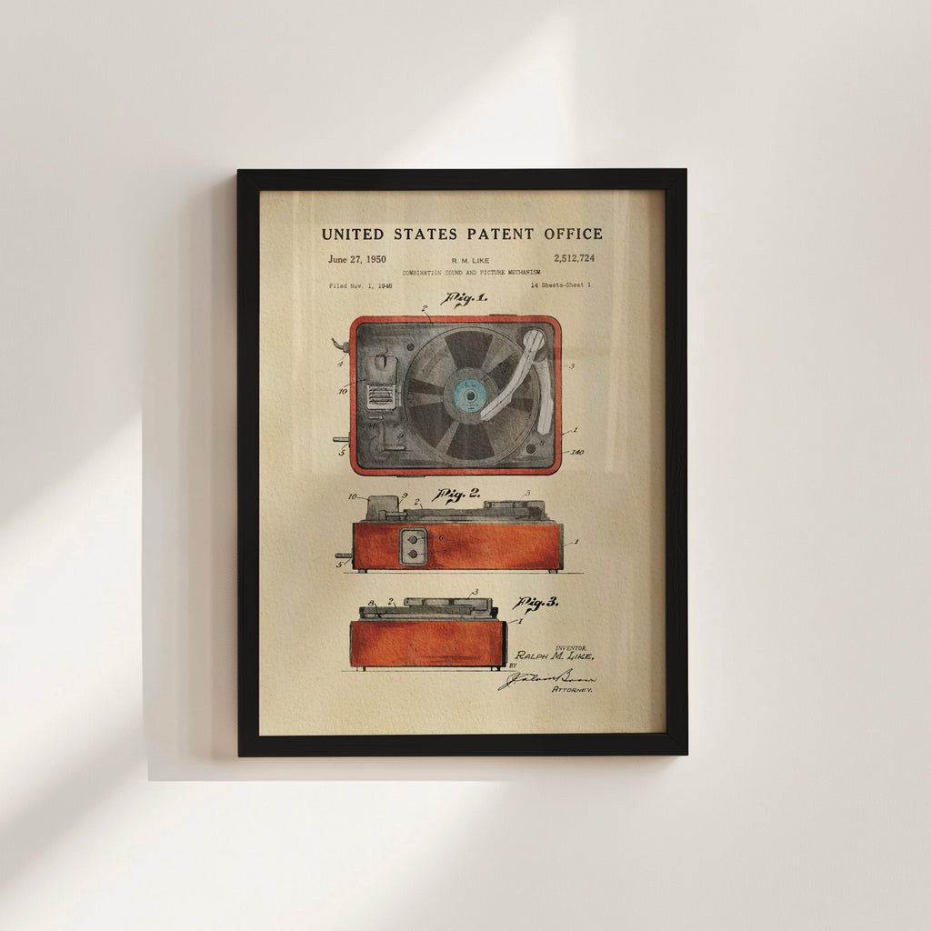 TIMELESS PATENTS - RED RECORD PLAYER PRINT