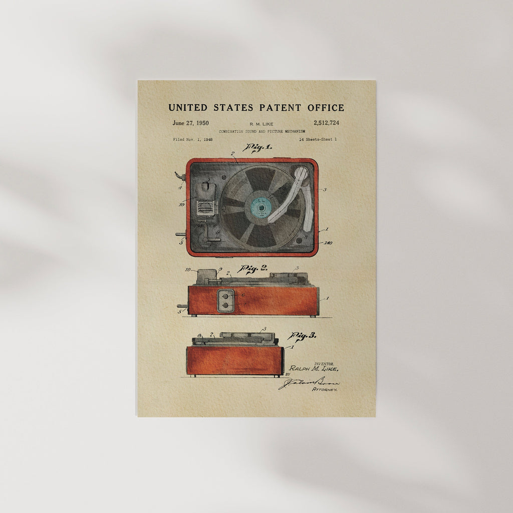 TIMELESS PATENTS - RED RECORD PLAYER PRINT