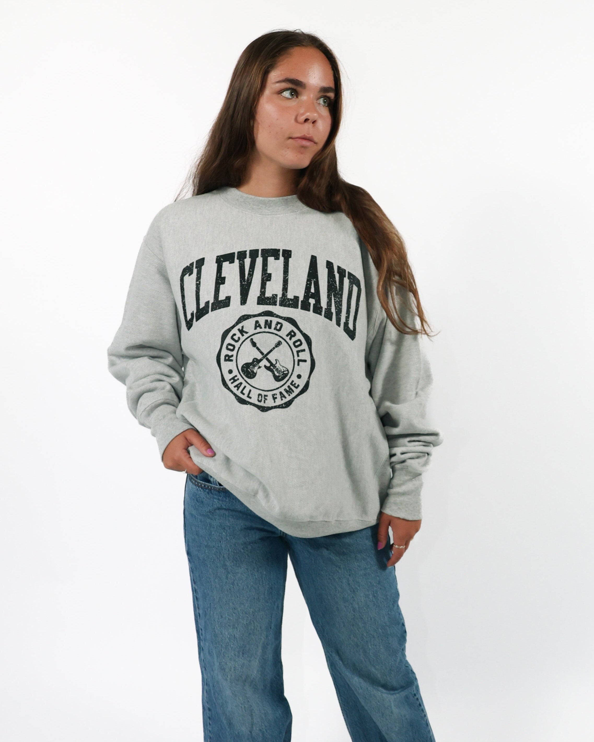 ROCK HALL CLEVELAND CROSSED GUITARS CREST CREWNECK