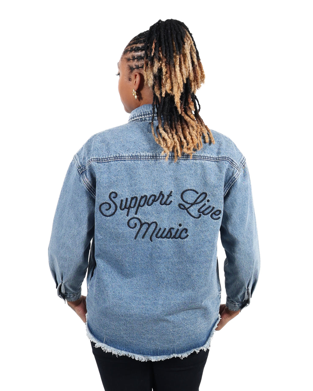 ROCK HALL SUPPORT LIVE MUSIC SCRIPT FITTED DENIM JACKET