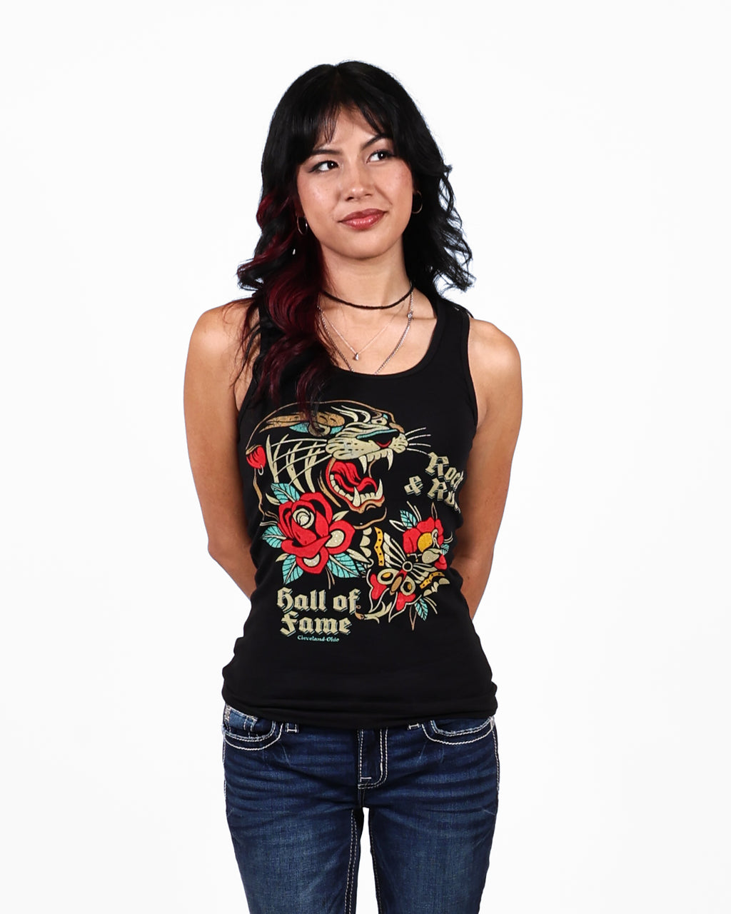 ROCK HALL TATTOO AND RHINESTONE FITTED TANK TOP