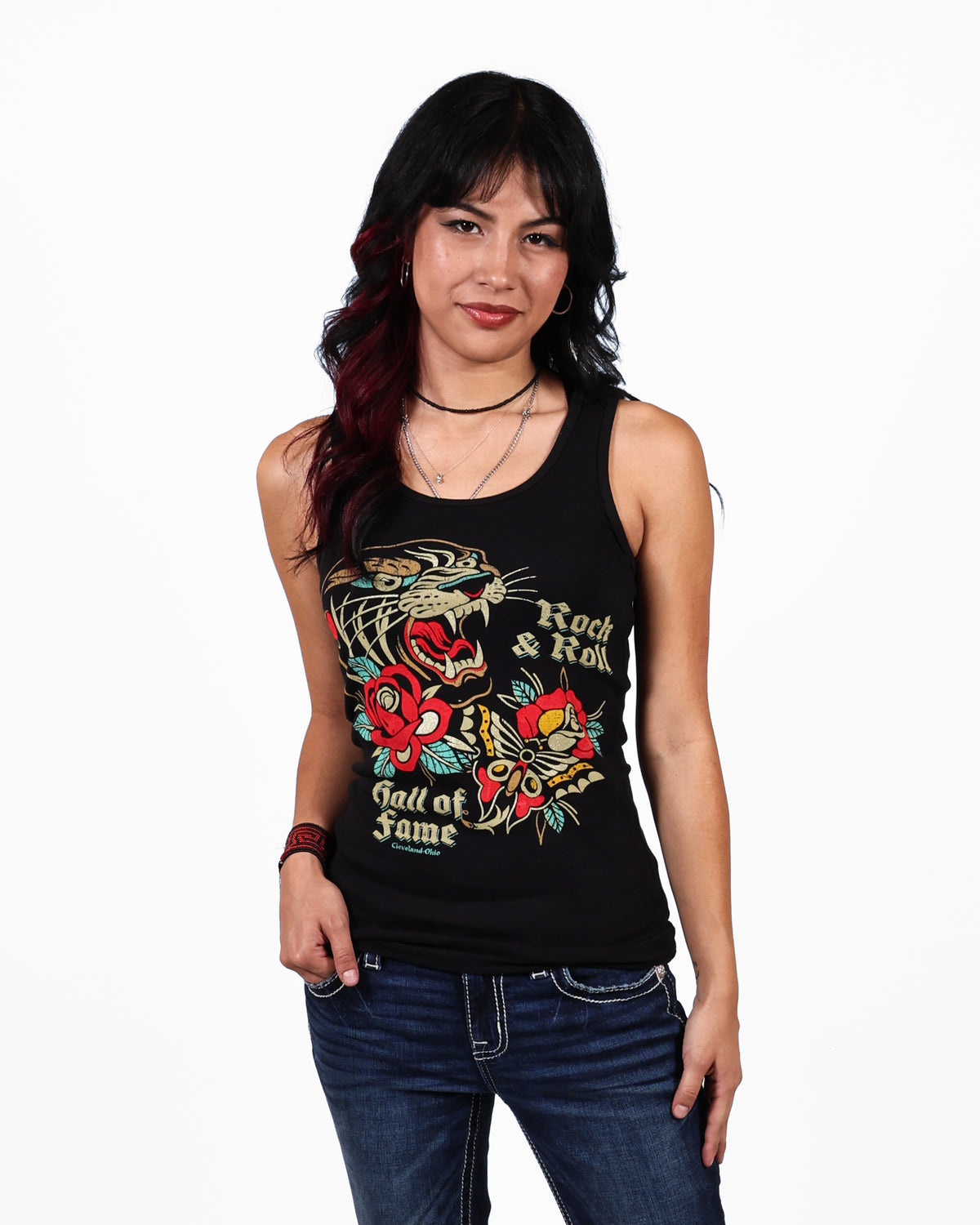 ROCK HALL TATTOO AND RHINESTONE FITTED TANK TOP