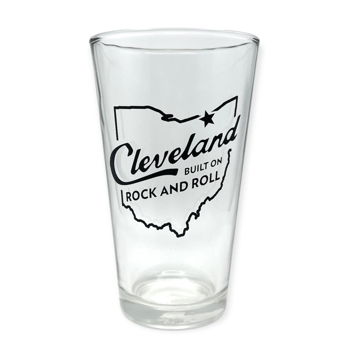 ROCK HALL CLEVELAND BUILT ON ROCK AND ROLL PINT GLASS